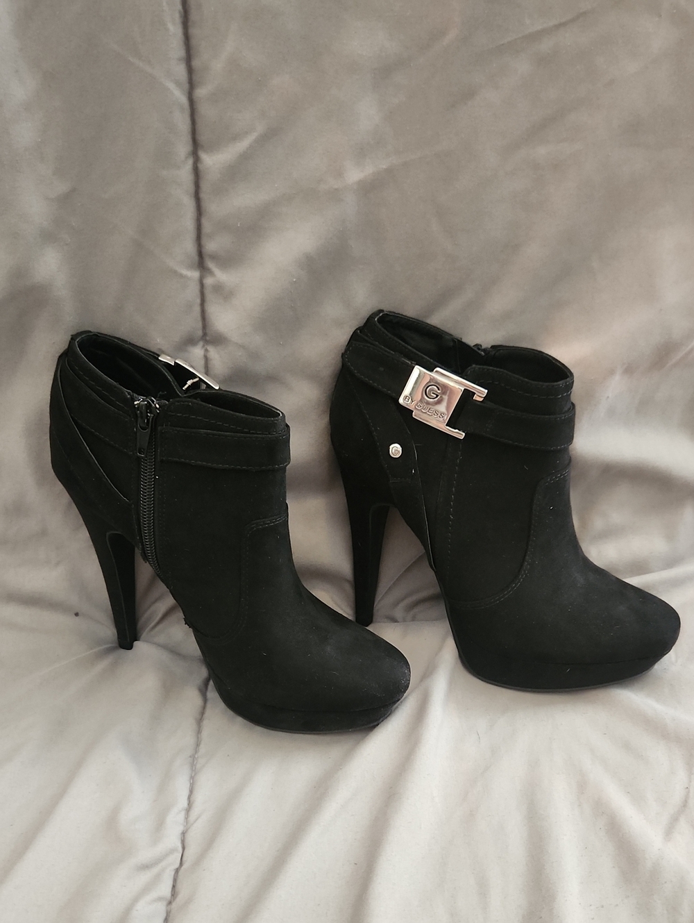 G by Guess Black Suede High-Heel Ankle Boots with Metallic Buckle